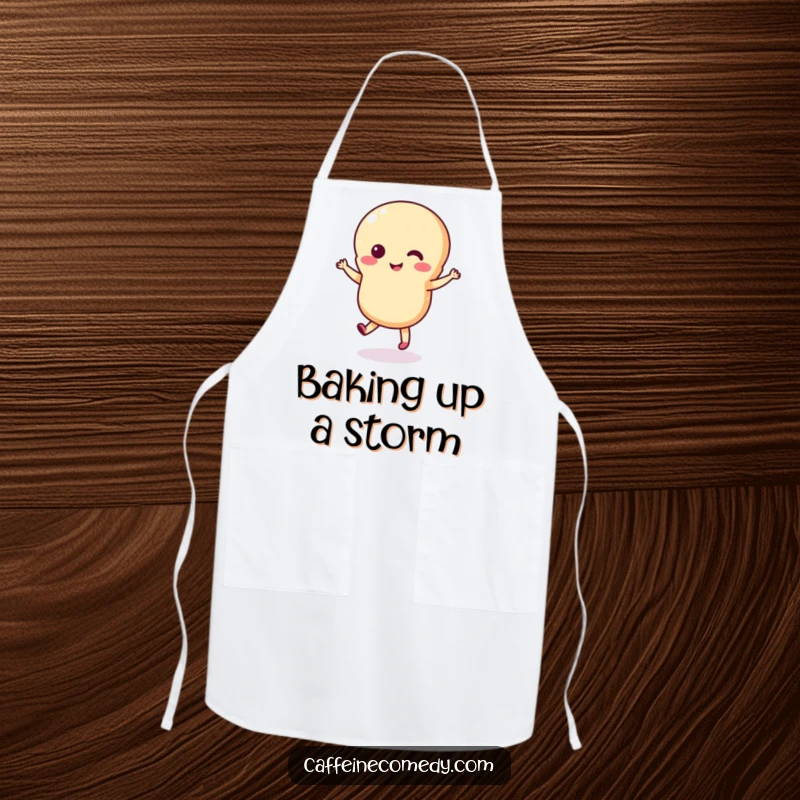 Funny macaron apron showing a cheerful macaron character performing a delightful dance while cooking or baking.