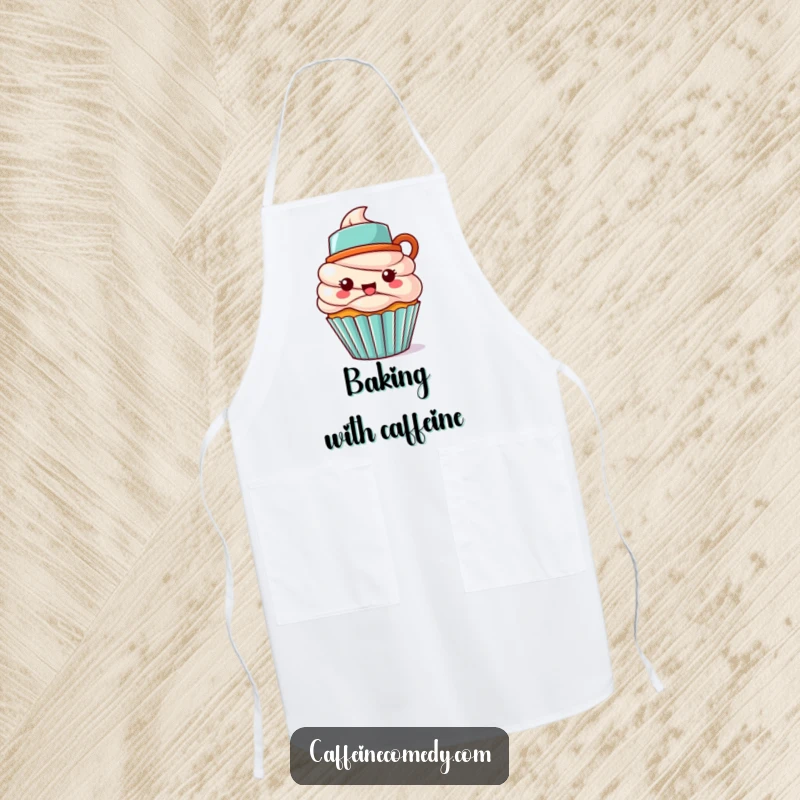 Funny Kawaii cupcake character with a coffee mug hat, humorous apron for kitchen fun and coffee breaks.