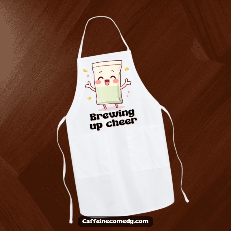 Funny apron showing a playful tea bag character enthusiastically dunking itself, perfect for adding fun to cooking and baking.