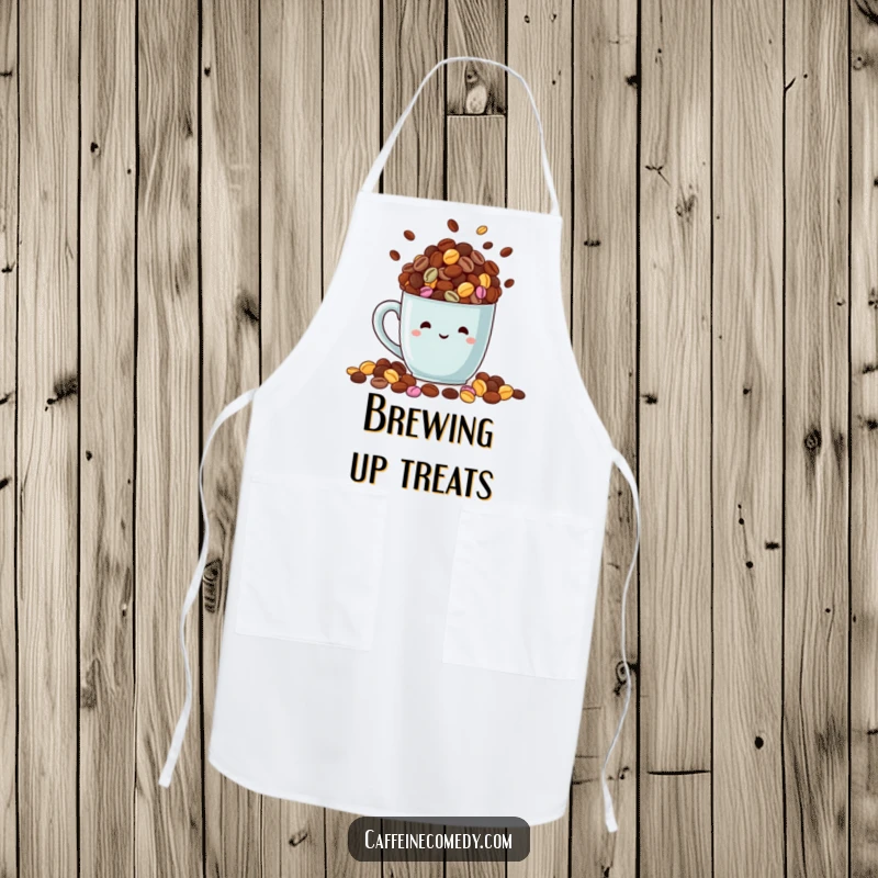 Funny apron graphic of a cheerful mug overflowing with colorful coffee beans, bringing fun to the kitchen.