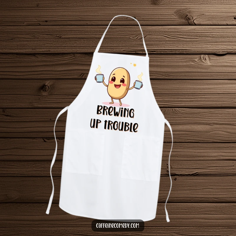 Funny apron featuring a happy coffee bean character comically juggling steaming mugs, perfect for a caffeine-fueled kitchen.