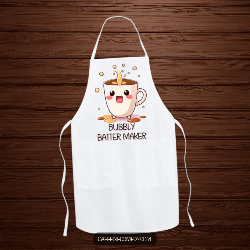Funny chef apron with a Kawaii coffee cup character excitedly pouring bubbly liquid, perfect for adding cute humor to the kitchen.