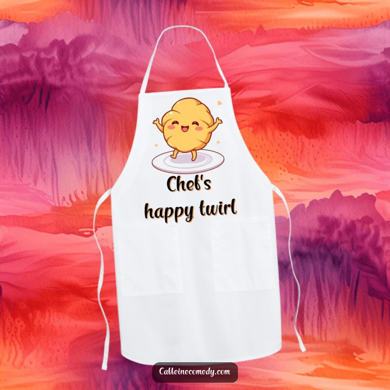 Funny apron featuring a cheerful croissant happily dancing on a plate, ideal for baking and kitchen fun.