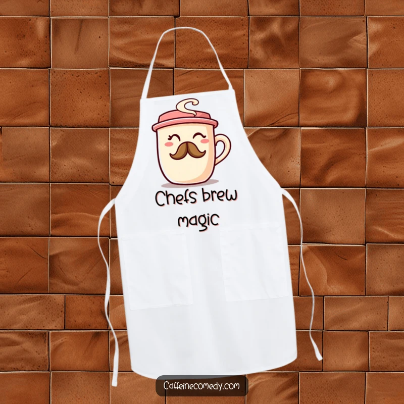 A chubby coffee cup character winking with a steam mustache, designed on an apron for kitchen humor.