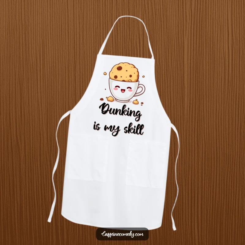 Funny kawaii cookie diving into coffee, durable apron, baking accessory, crumbly and humorous kitchen wear, cute dessert character.