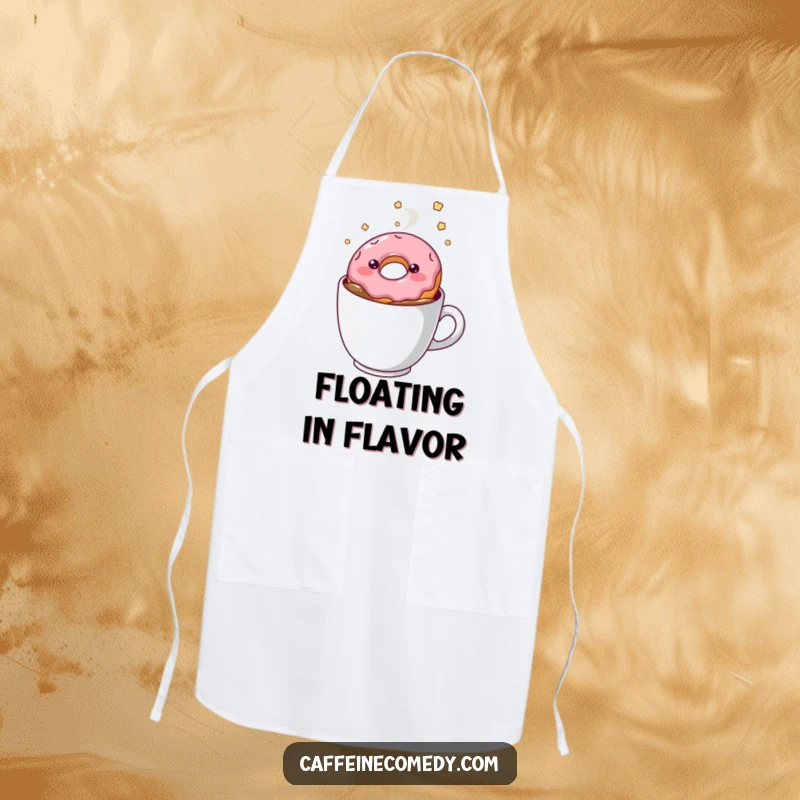 Funny kawaii doughnut floating in coffee, durable apron, baking accessory, sweet and humorous kitchen wear, cute dessert character.