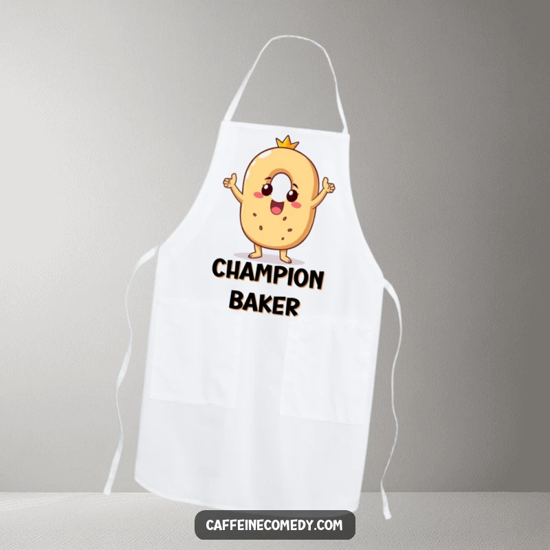 Funny chef apron with a beaming bagel character doing a victory dance, perfect for adding celebratory humor to the kitchen.