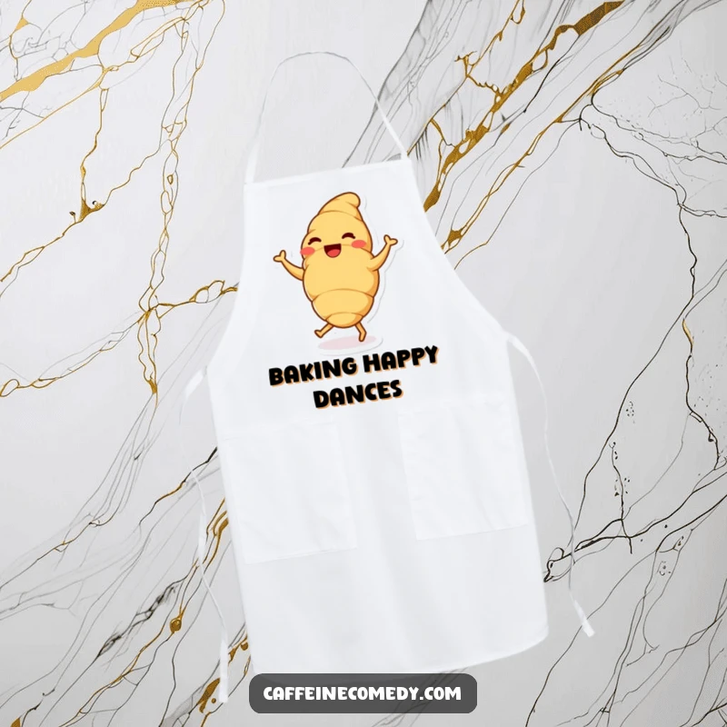 A delighted croissant character doing a dance, designed on an apron for kitchen joy and sweet humor.