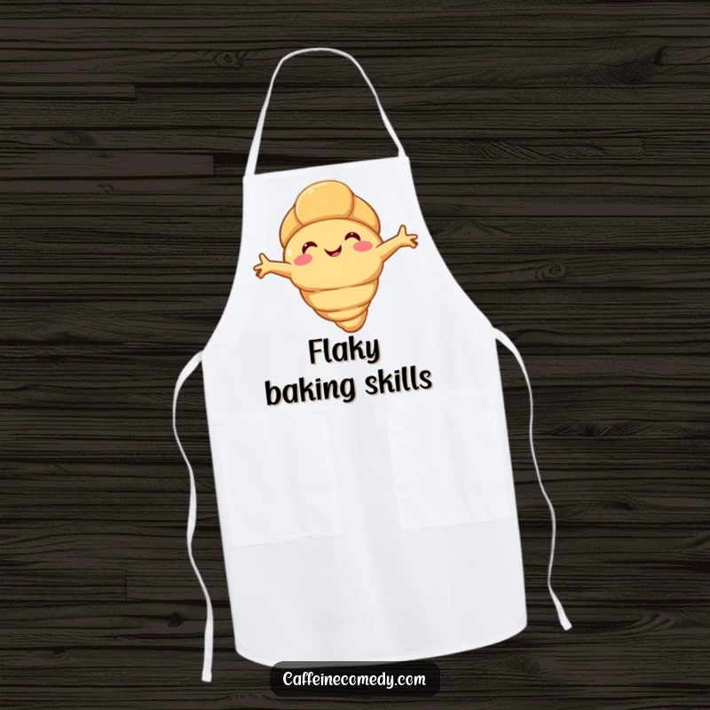 Funny happy croissant character stretching its flaky arms, on a durable kitchen apron, ready for baking and humor.