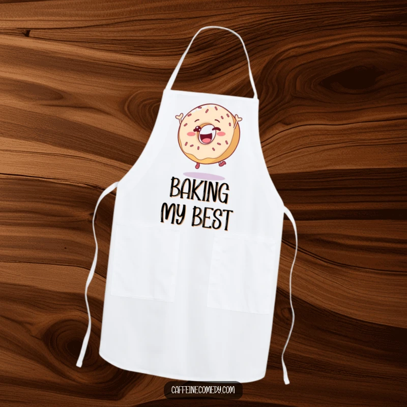 Funny delighted donut character leaping with sprinkles, on a durable kitchen apron, ready for baking fun and humor.