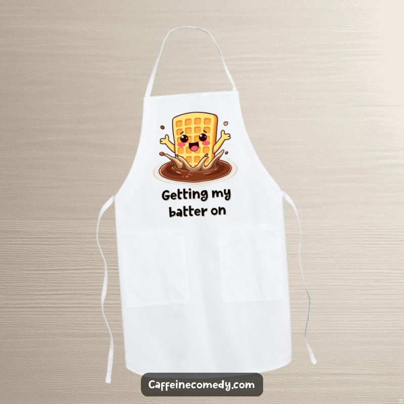 Funny enthusiastic kawaii waffle splashing in coffee, designed on a chef apron for a fun cooking experience.