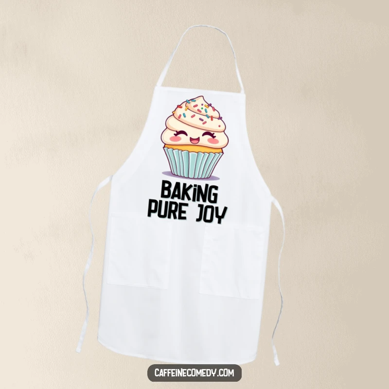 Funny apron featuring a happy cupcake with sprinkle hair, giggling, ideal for kitchen duties with a dash of sweet humor.