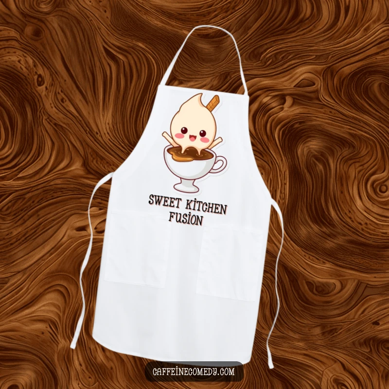 Funny chef apron featuring a delighted ice cream character melting happily into a hot coffee, ready for sweet kitchen fun.