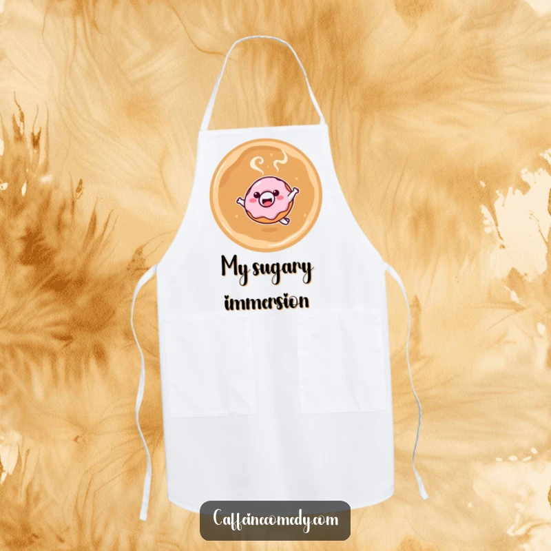Funny apron with a smiling kawaii donut character leaping into a latte, ideal for bakers and coffee lovers who enjoy humor.