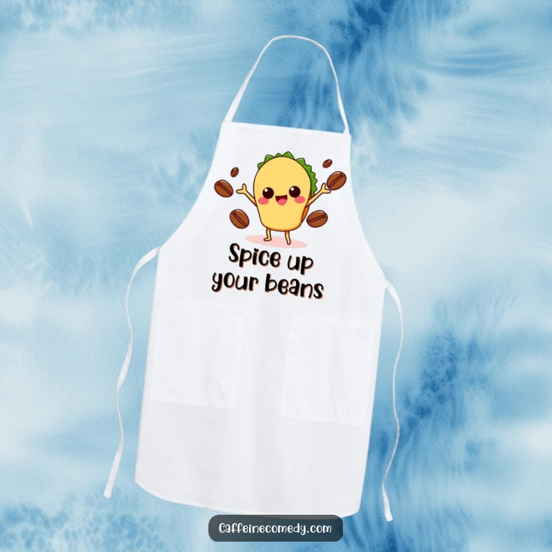 Funny Kawaii Taco Juggling Coffee Apron: Humorous apron featuring a cute taco juggling coffee beans, perfect for chefs and home cooks. A great funny gift.