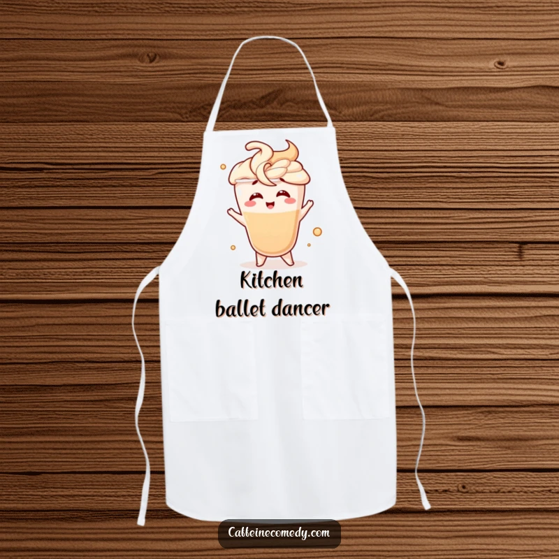 Funny apron showing a giggling latte character in a fancy swirl motion, perfect for adding fun to kitchen activities.