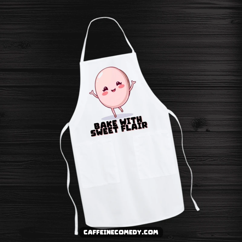 Funny Macaron Apron: A pleased macaron character performs a graceful twirl, adding a touch of sweet elegance and humor to your cooking attire.