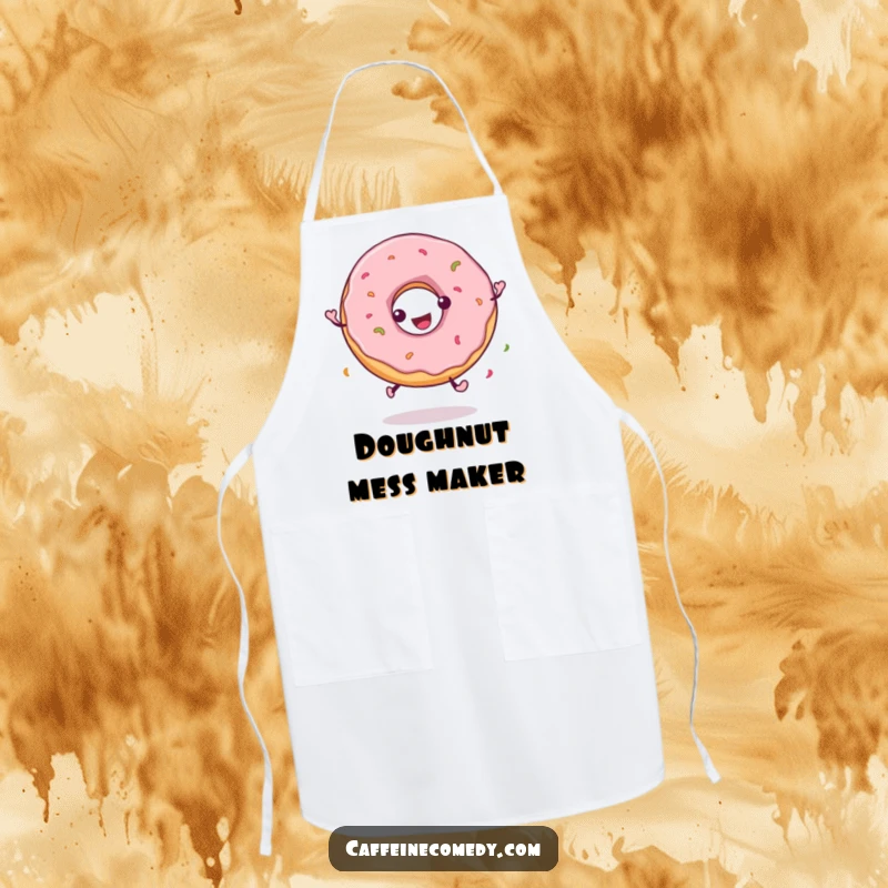 Funny apron showing a playful donut character spinning merrily, adding a humorous and sweet touch to kitchen activities.