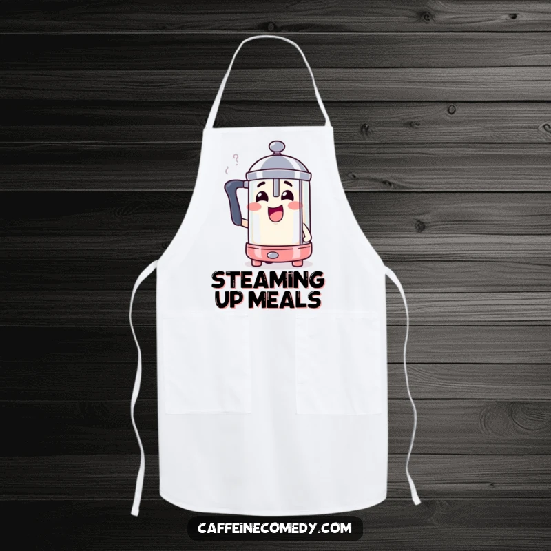 Funny French press character comically steaming with excitement, a humorous kitchen apron.