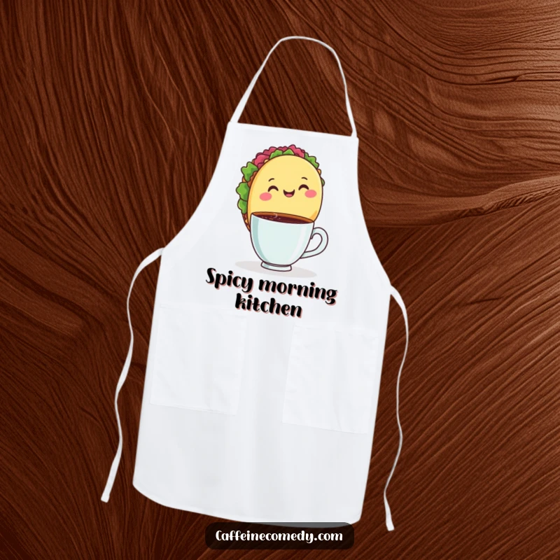 Funny apron featuring a happy taco holding a coffee cup, ideal for kitchen duties with a dash of delicious humor.