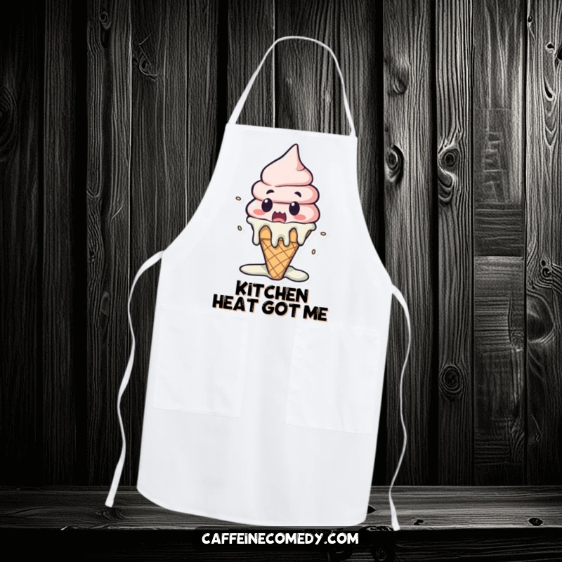 Funny Kawaii Ice Cream Melting Apron: A surprised ice cream cone melts dramatically, adding humor to kitchen activities.