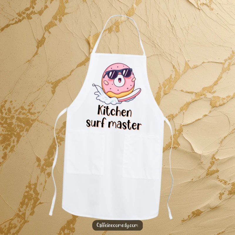 Funny apron featuring a surprised donut in sunglasses surfing a milk wave, ideal for kitchen fun.