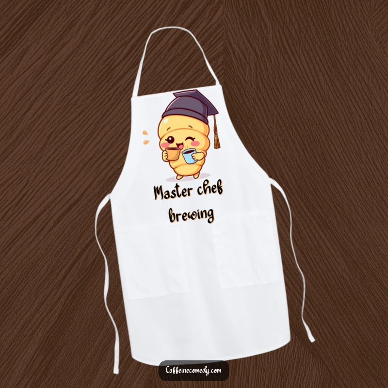 Funny delighted croissant character wearing a graduation cap and sipping coffee, ready for kitchen success on this apron.
