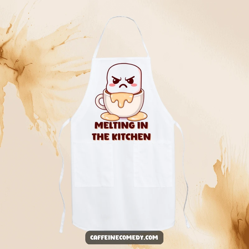 Funny grumpy kawaii marshmallow melting into hot chocolate, designed on a chef apron for a cozy cooking experience.