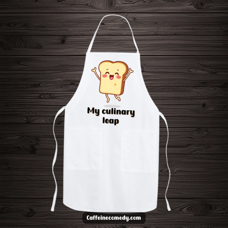 Funny apron showing a surprised piece of toast character jumping merrily, adding a humorous and cheerful touch to kitchen activities.