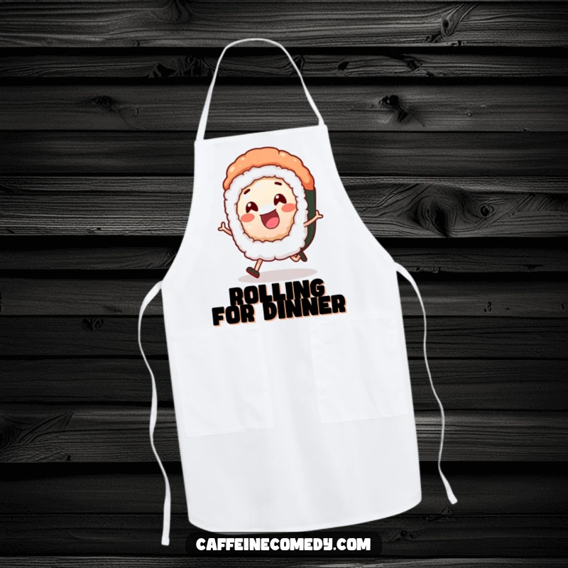Funny sushi roll character happily rolling, ready to assist in the kitchen on a durable and humorous apron.