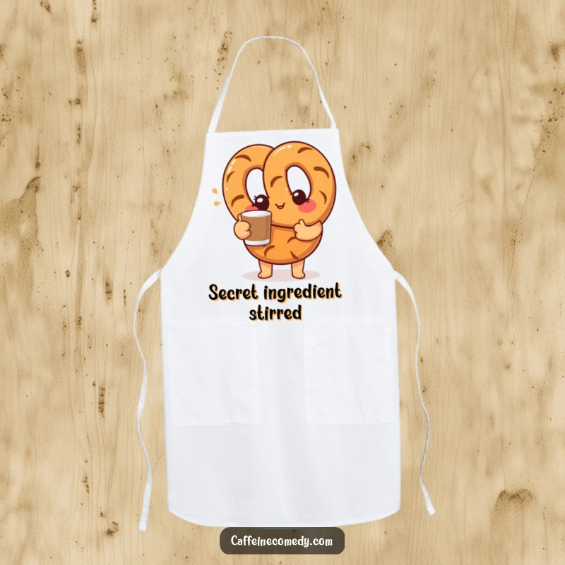 Funny chef apron featuring a curious pretzel character offering a coffee cup with a friendly wink, ready for kitchen fun.