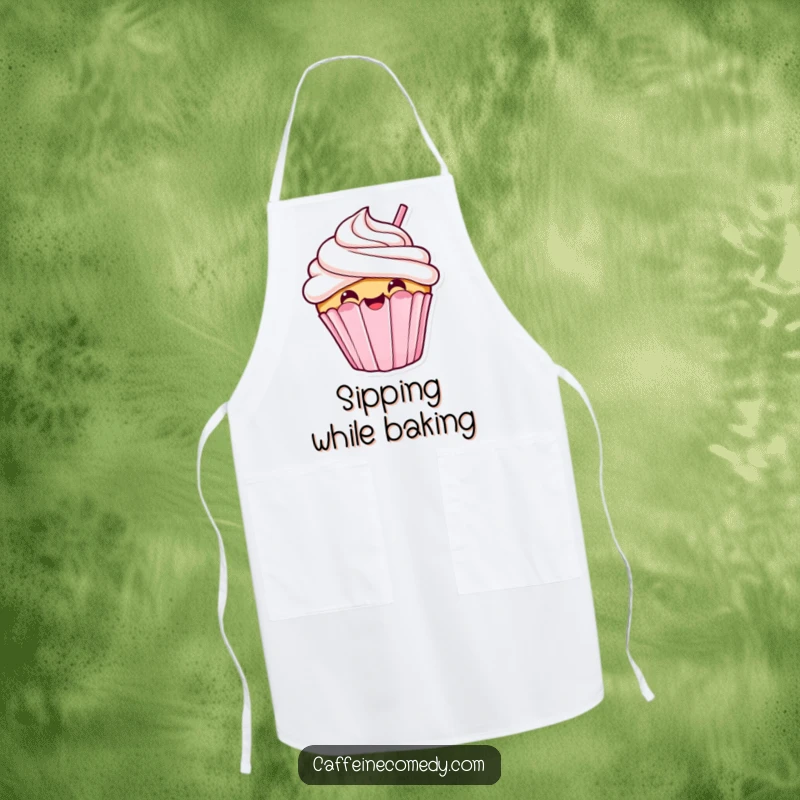 Funny kawaii cupcake sipping, durable apron, baking accessory, sweet and humorous kitchen wear, cute dessert character.