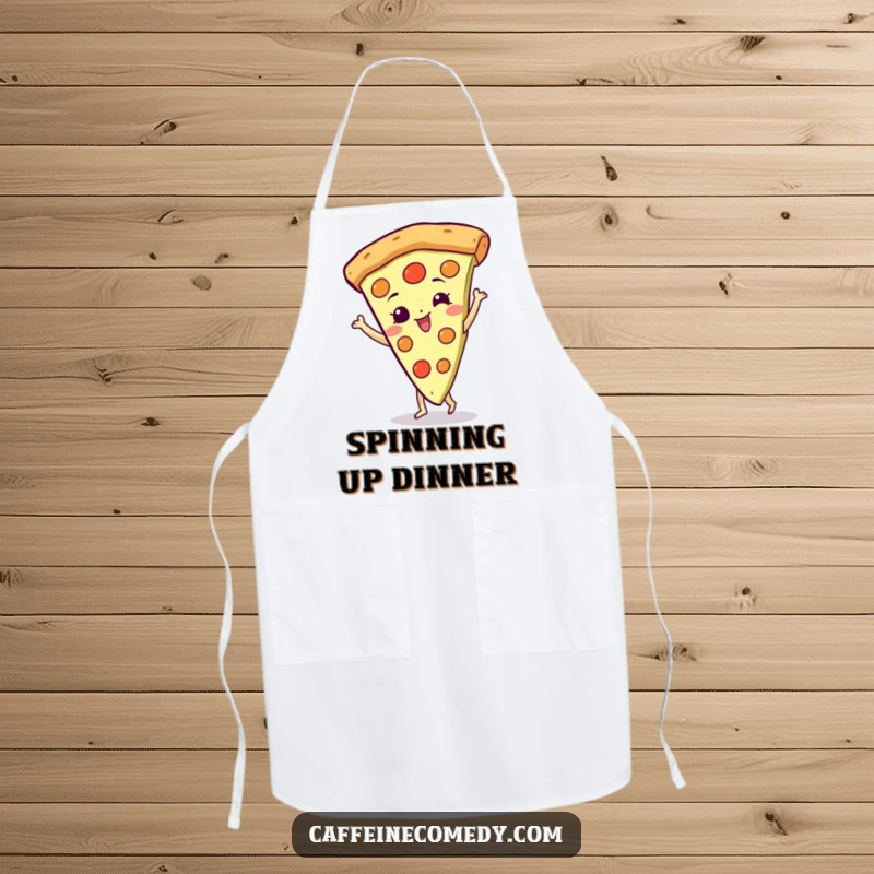 Funny Pizza Apron: A gleeful pizza slice character spinning happily, adding humor to kitchen attire.