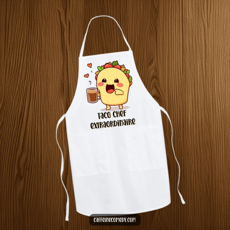 Funny taco character enthusiastically toasting a coffee mug, durable and fun apron for cheerful cooking and serving.