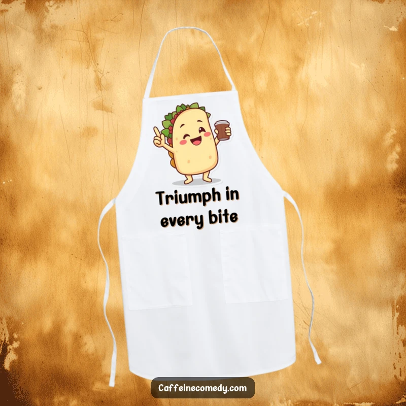 Funny smiling taco character doing a victory dance while holding a coffee cup, ready for kitchen fun on this apron.