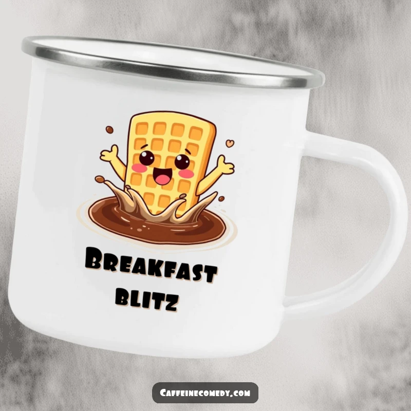 Funny enthusiastic kawaii waffle splashing in coffee, printed on a durable enamel camping mug for outdoor enjoyment.