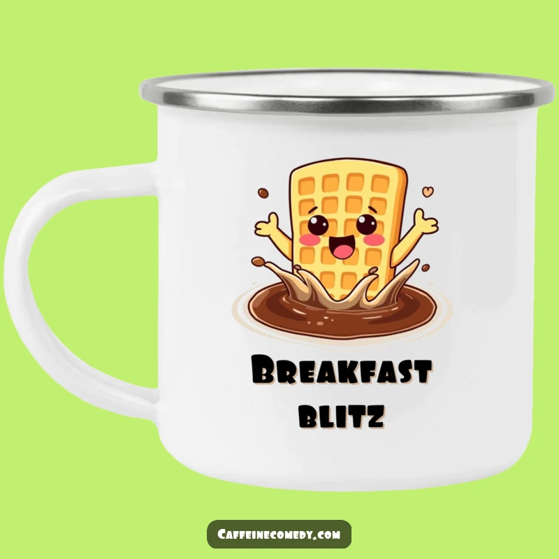 Funny Enthusiastic Waffle Coffee Splash Enamel Mug: Adventure Ready Fun, Ideal Funny Gift