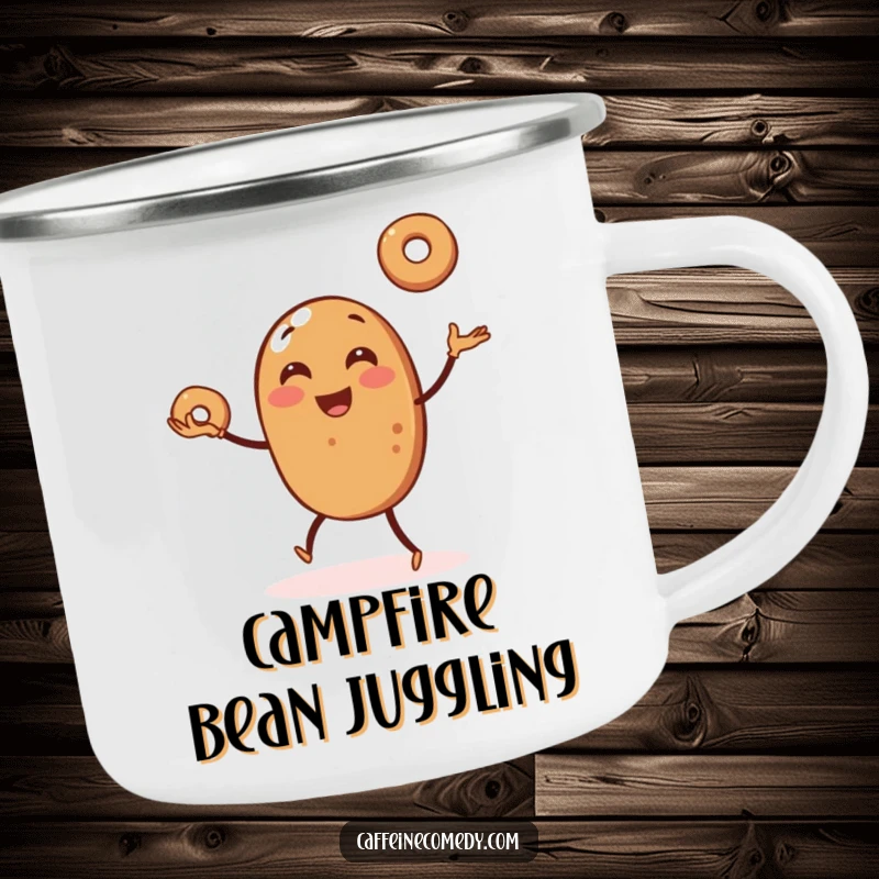 Funny camping mug featuring a peppy coffee bean juggling tiny bagels, perfect for enjoying beverages in the great outdoors with a smile.