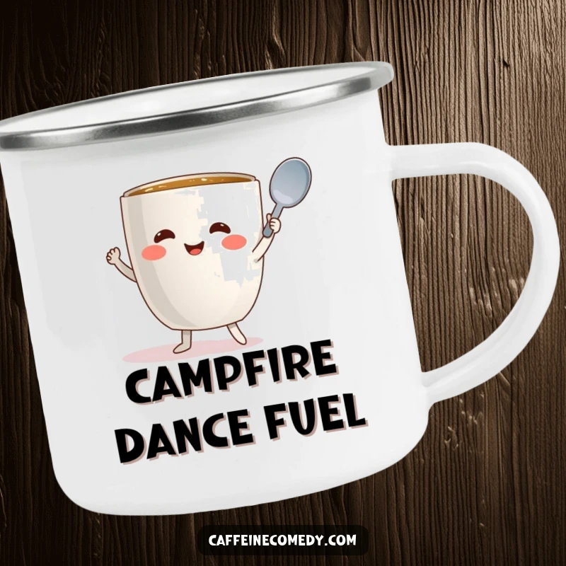 Funny coffee mug character dancing with a spoon on a robust camping mug for outdoor use.
