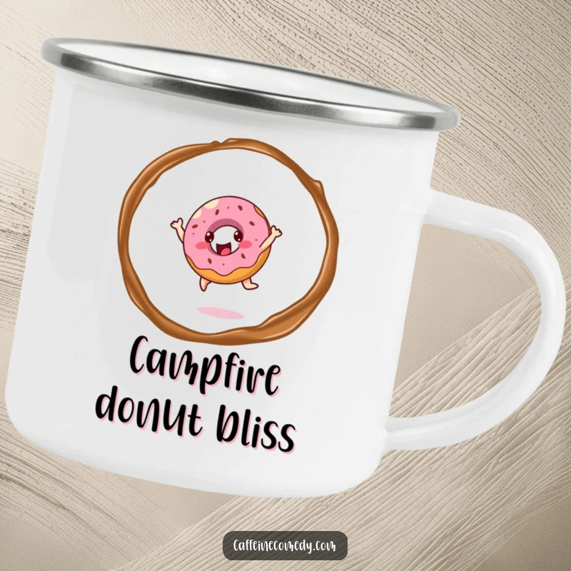 Funny cheerful donut character joyfully leaping through coffee steam, ready for outdoor fun on this sturdy camping mug.