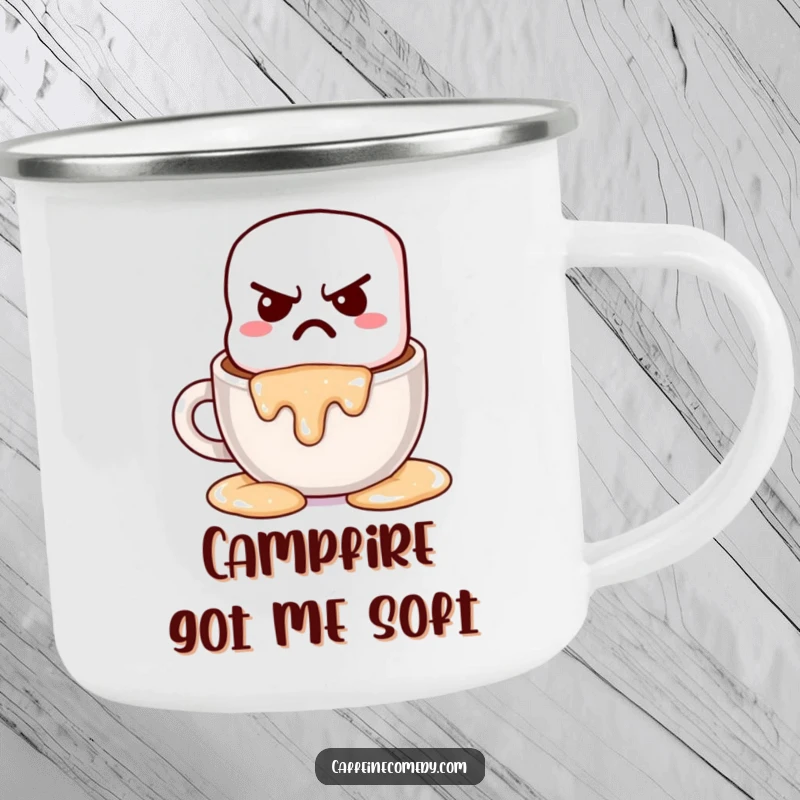 Funny grumpy kawaii marshmallow melting into hot chocolate, printed on a durable enamel camping mug for cozy outdoor enjoyment.