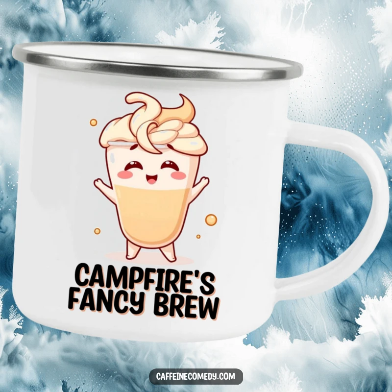 Funny camping mug with a giggling latte character in a fancy swirl motion, perfect for cheerful outdoor coffee breaks.