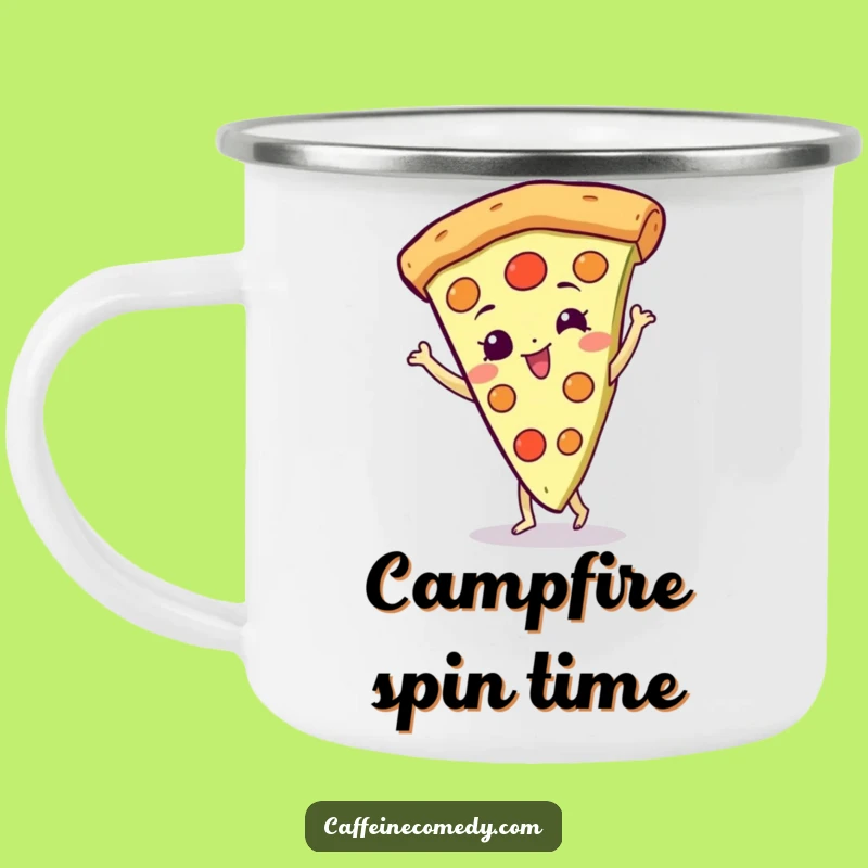 Funny Spinning Pizza Camping Mug: Gleeful Slice Character Doing a Happy Spin, Outdoor Gift