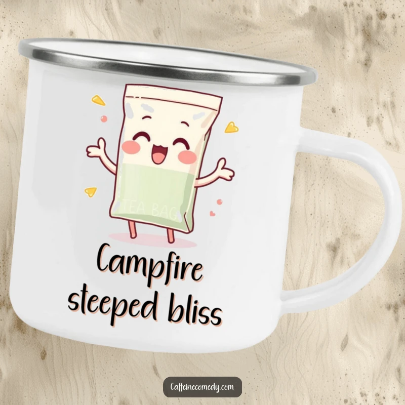 Funny camping mug with a playful tea bag character enthusiastically dunking itself, perfect for cheerful outdoor tea breaks.