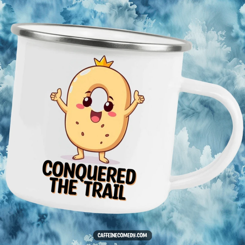 Funny camping mug with a beaming bagel character doing a victory dance, perfect for outdoor celebrations and humor.