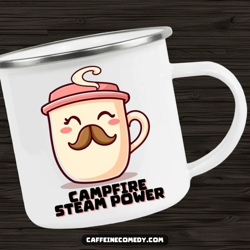 A chubby coffee cup character winking with a steam mustache on a rugged enamel camping mug.