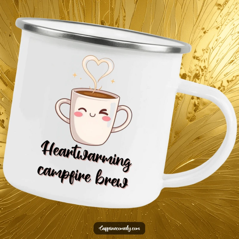 Funny camping mug featuring a steaming coffee mug character winking, with steam forming a heart, ready for outdoor coffee breaks.