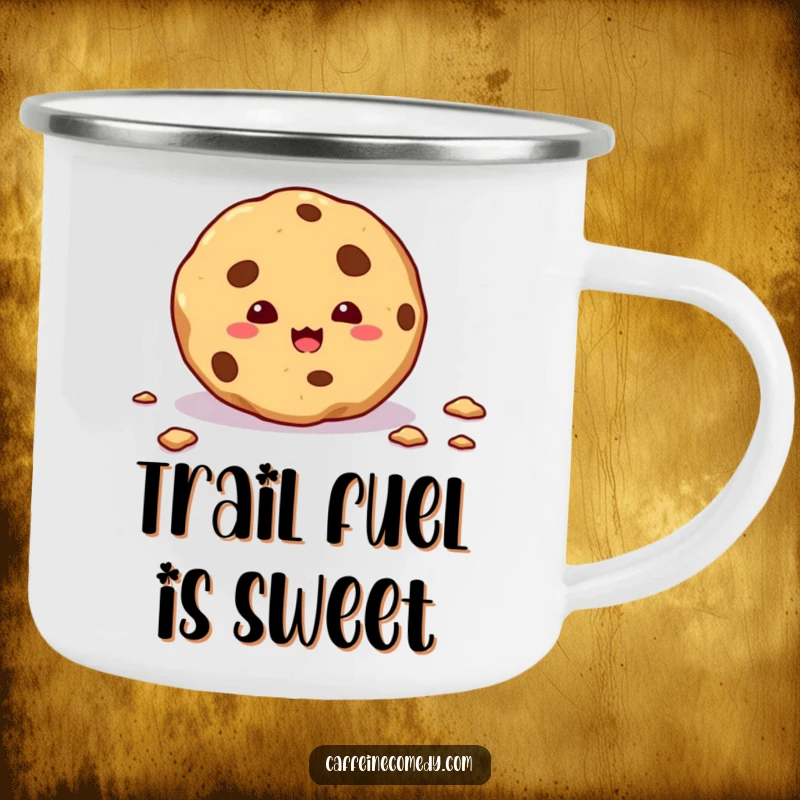 Funny camping mug with a mischievous cookie leaving a trail of crumbs, perfect for outdoor sweet enjoyment.