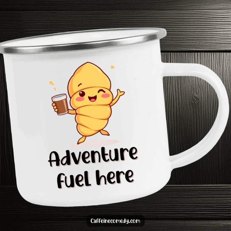 Funny Croissant character doing a joyful jig, holding a coffee cup, durable enamel camping mug for adventurous mornings.