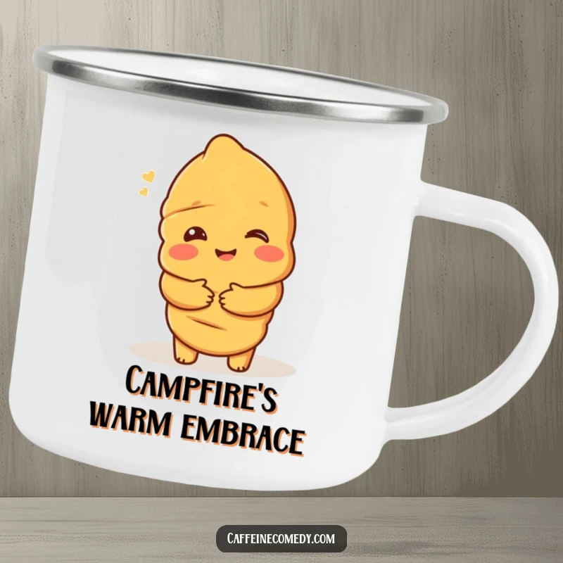 Funny camping mug with a delighted croissant character offering a warm hug, perfect for cheerful outdoor coffee or tea breaks.